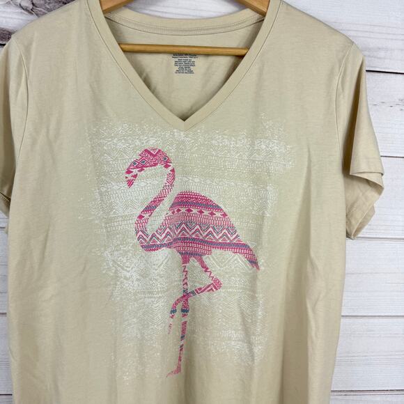 Womens Flamingo V Neck Beige T-Shirt 5 Stars Size XXL - Picture 2 of 6